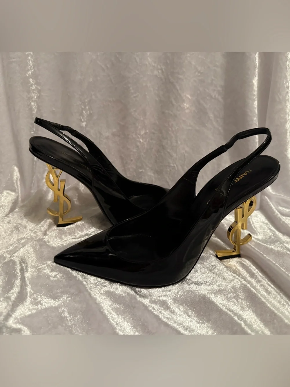 Saint Laurent Black Patent Slingback Pumps with Gold YSL Heel